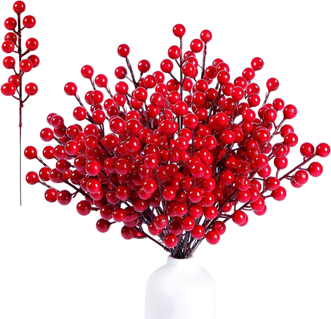 30 Pack Artificial Red Berry Stems 8.9inch Christmas Red Berry Picks Holly Berry Branches for Christmas Tree Decorations Holiday DIY Crafts Xmas Ornaments Wedding Home Decor (30, Red)