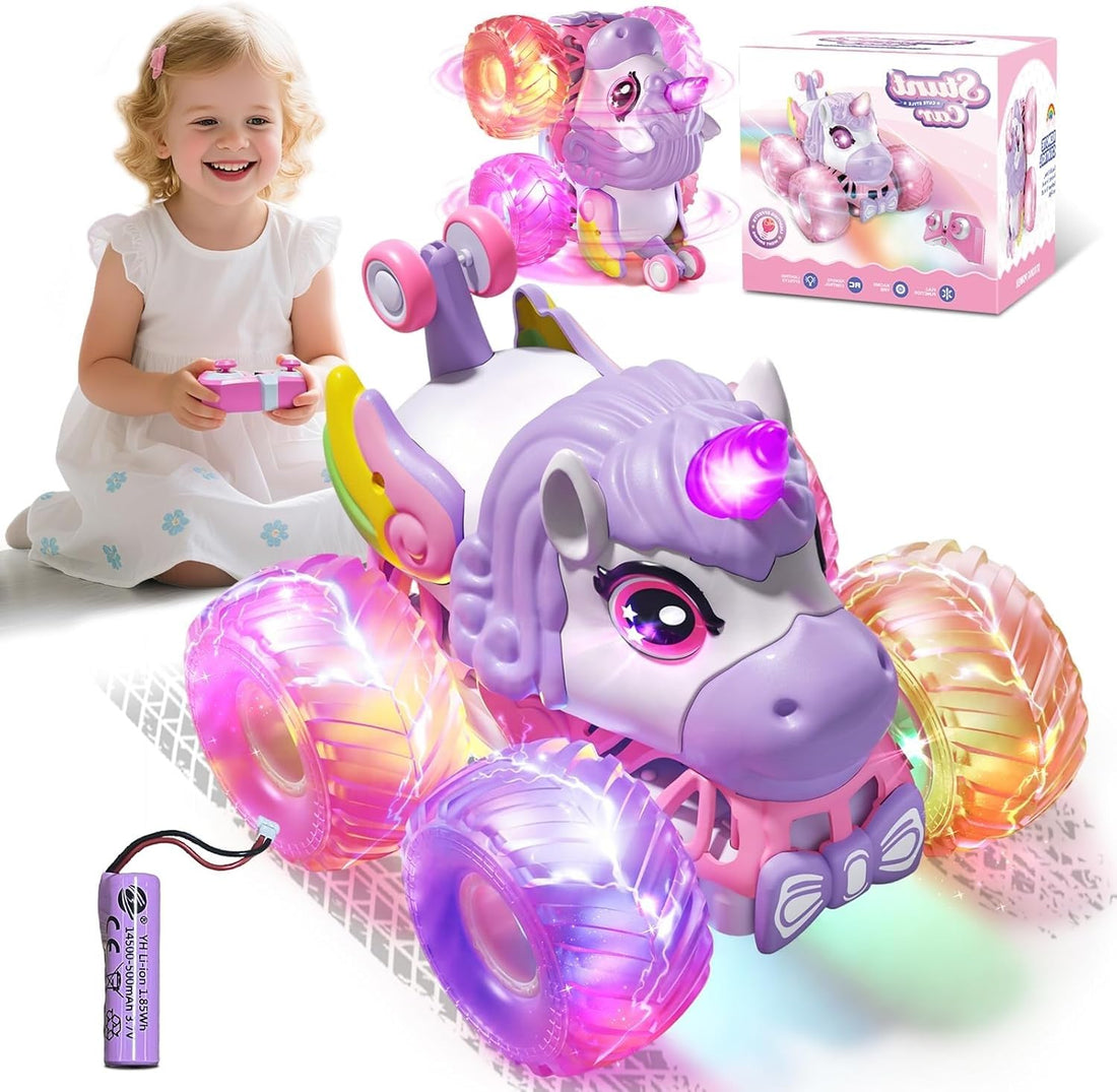 TOYS LAND Unicorn Monster Truck for Girls, 2.4GHz Remote Control Pink Monster Truck, 4WD All Terrain Stunt Car, 360° Rotating RC Car with Lights & Music, Rechargeable Battery, Birthday Gifts for Kids
