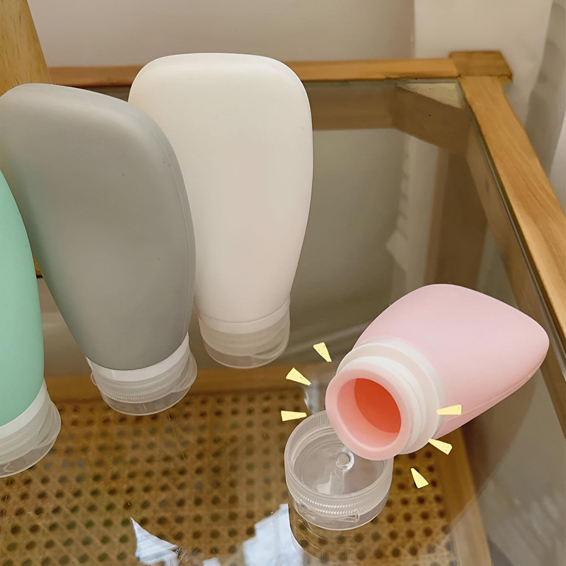 Practical Travel Set of 3 Silicone Bottles Leak Proof Refillable 60ml (2oz) Each Bottle Perfect for Shampoo, Liquid Soap, Toiletries, with Clear Carrying Case and Liner Labels