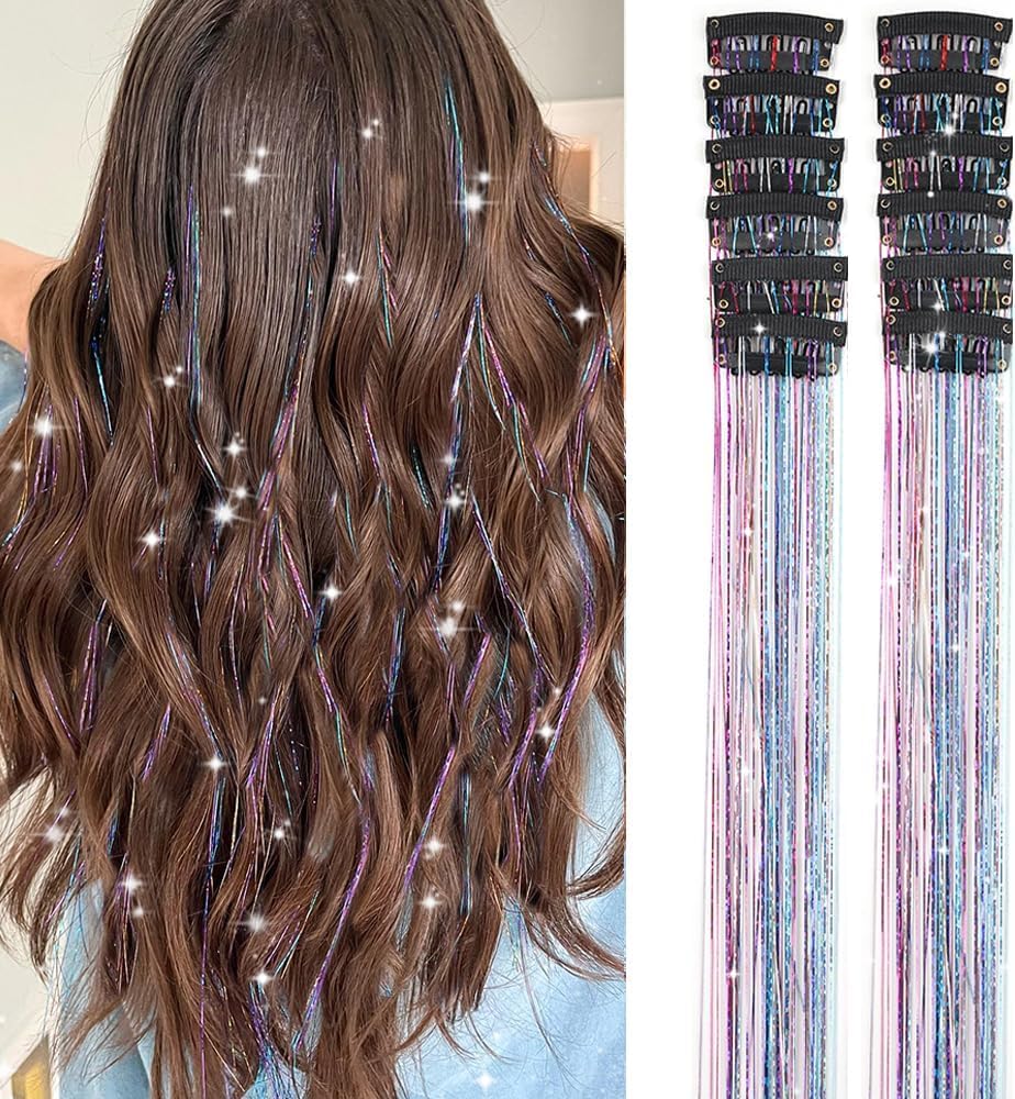 Hair Tinsel Pack of 12 Pcs Clip in Hair Tinsel 20 Inch Colorful Glitter Tinsel Hair Extensions Tinsel Fairy Hair Party Dazzle Hair Accessories Strands Kit for Women Girls Kids(12Pcs,Colorful#)