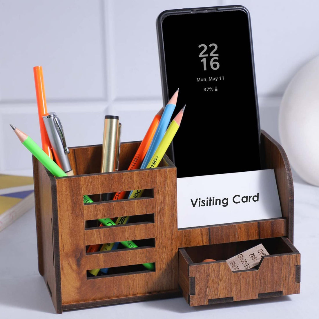 Deskart Multipurpose Wooden Desk Organizer With Drawer, Business Card & Mobile Holder | Pen And Pencil Stand For Office And Study, Brown