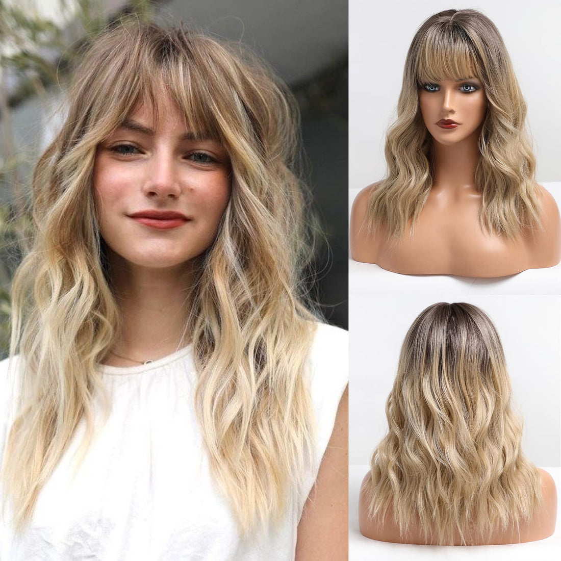 ECIF Brown Wigs With Bangs Synthetic Wigs Curly Hair Long Natural Wave Heat Resistant Hair Wigs For Women For Daily Party (Brown)