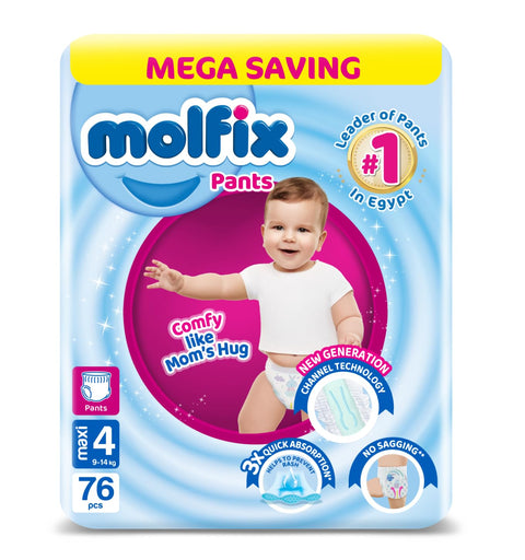 Molfix Baby Diaper Pants Size 4, Mega Pack, 9-14 KG, 76 Units, Molfix Pants Diapers, Size 4, 9-14 KG, Jumbo Pack, 76 Count, Cotton Material