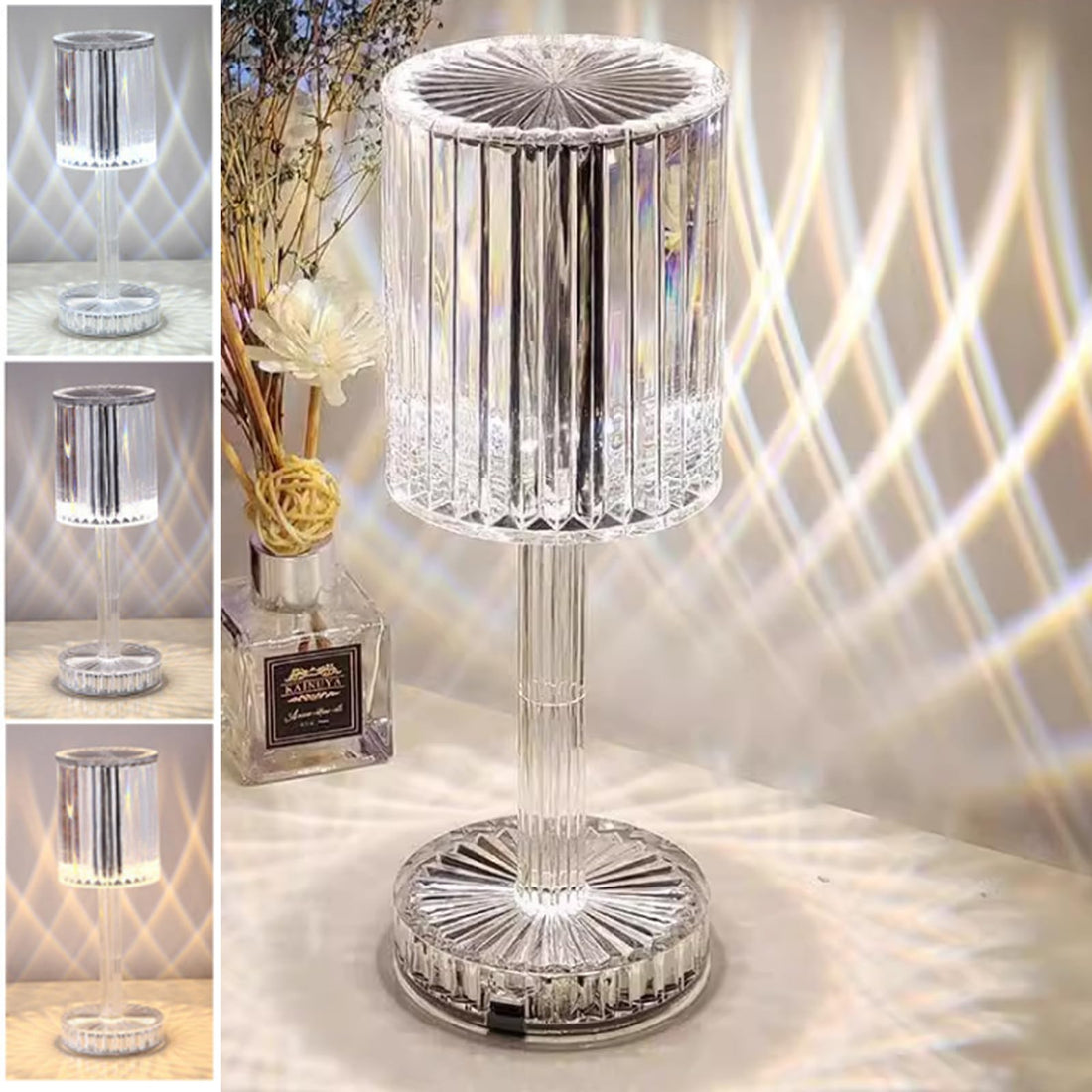 Crystal Table Lamp, Bedside Lamps 3 Lighting Changing Romantic Acrylic Led Night Light Touching Control Crystal Decorative Nights Lamp Linear lamps for Bedroom, Living Room, Study and Party