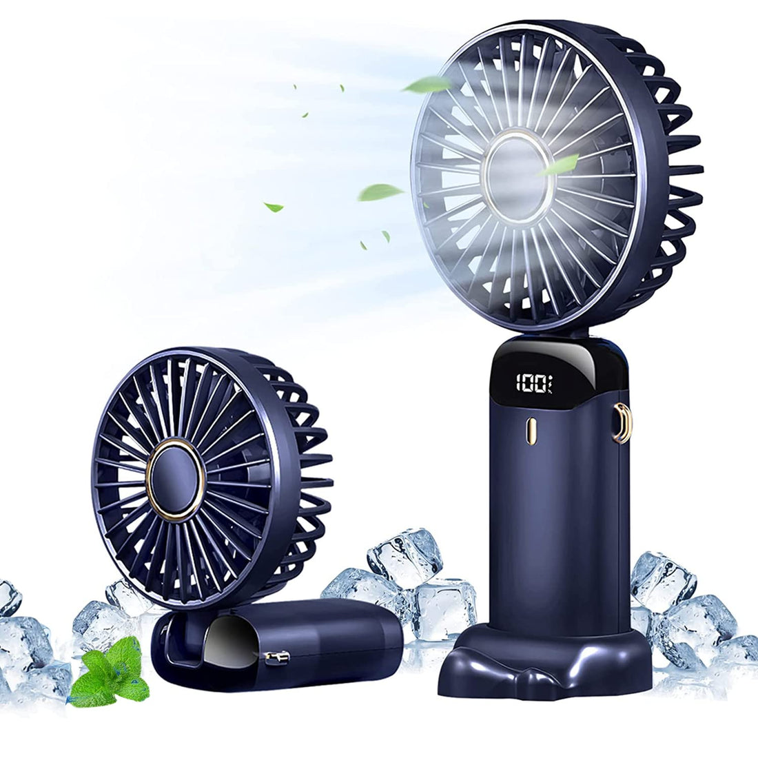 Handheld Fan, Mini USB Rechargeable Fan, 5000mAh 90° Adjustable, 5 Speeds with LED Display, Mini Desk Fan with 8-12H Working Time (Navy Blue)