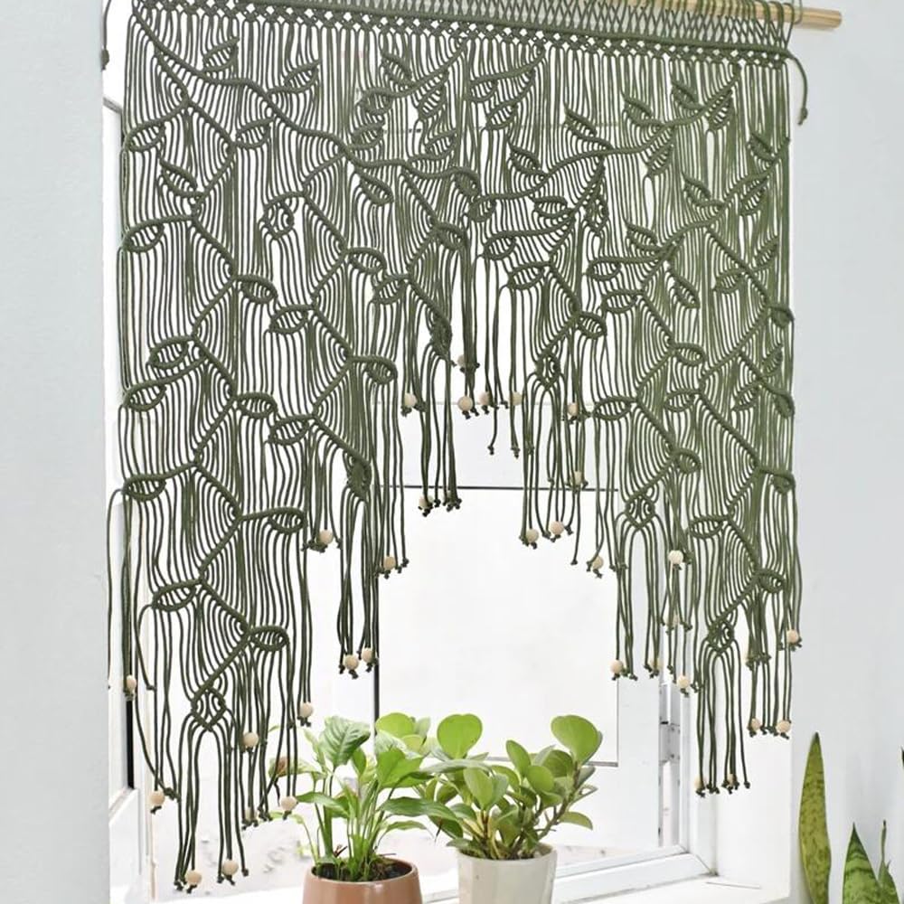 Macrame Valance Curtain for Kichen Windows 33.46x37.4Inch Farmhouse Boho Leaves Curtains for Bedroom Window Valance Green Leaf Tassels Macramé Wall Curtain Wooden Bead Macrame Wall Hanging