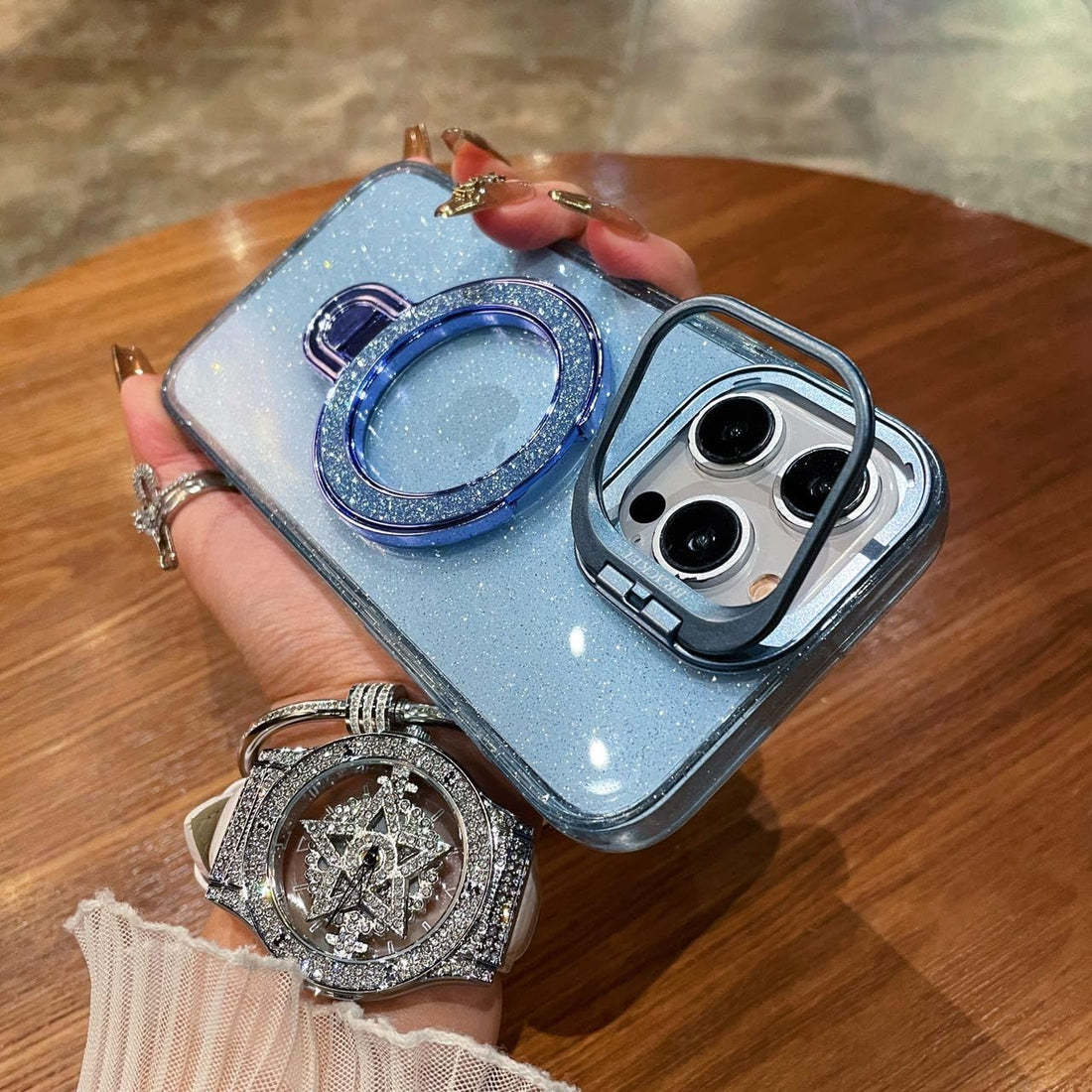 Glitter Liquid Kickstand Case for iPhone 15 Pro max,Cute Luxury Bling Sparkle with Camera stand Flowing Ring Stand Plating Bumper Shockproof Women Girls Cover for iPhone 15 pro max (Shiny Blue)