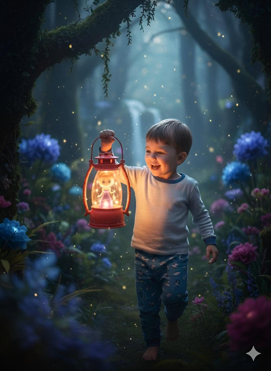 Kids LED Lantern - Fantasy-inspired night light with a cute cartoon character inside a clear glass bottle, warm glowing LED, ideal for children's rooms, home decor and chic ambiance.
