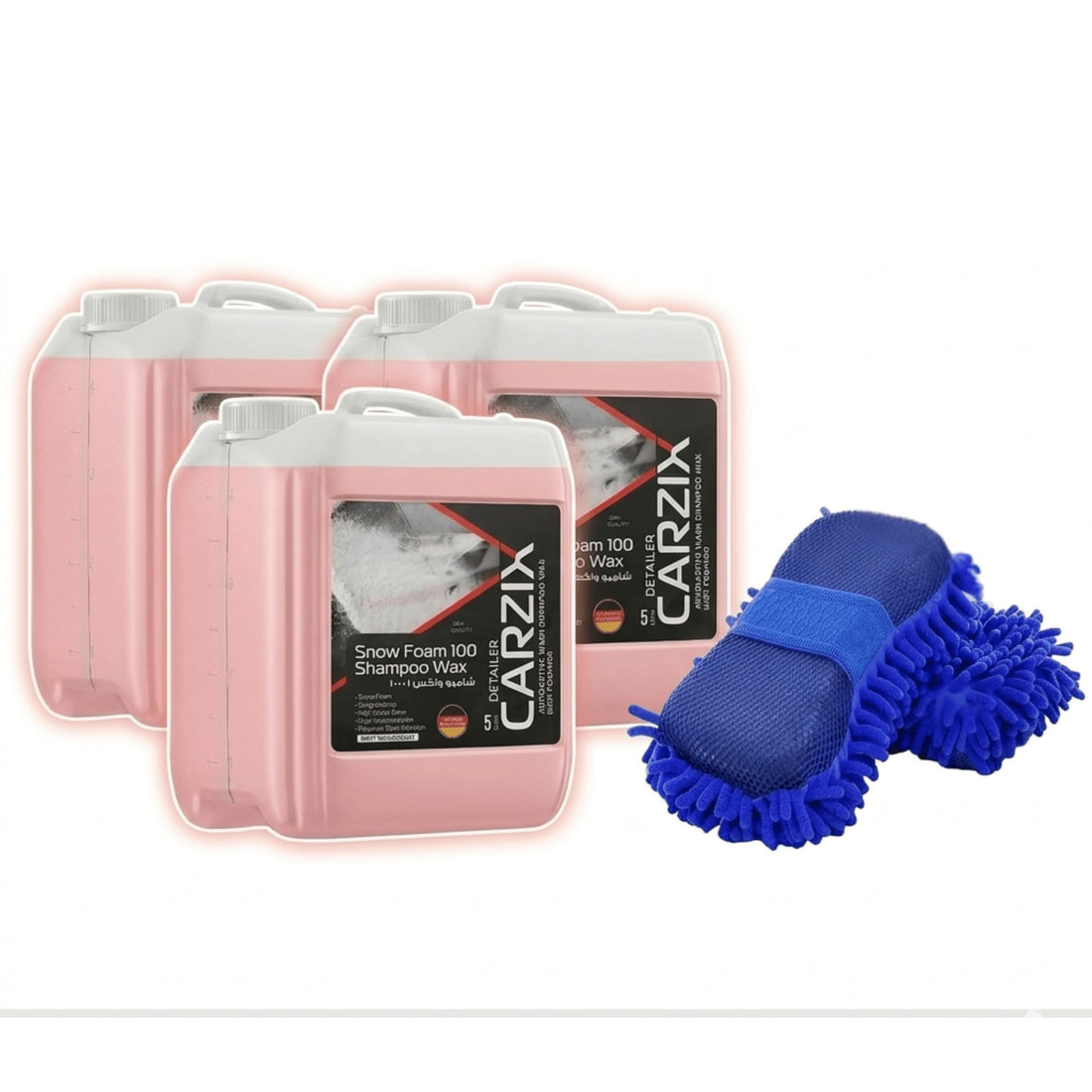 Snow Action Car Wash Bundle: 3-Pack Car Wash Liquid with Wax (5L Each) 1:100 Super Concentrate + Microfiber Cleaning Sponge, High Gloss, & Dust Repellent