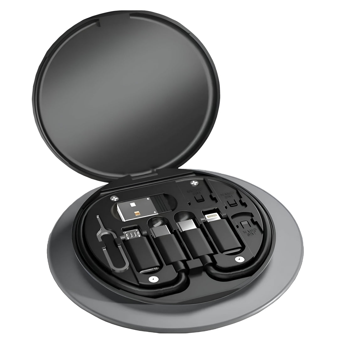 Multi-Function Charging Cable Organiser Kit with 60W Fast Charging, Type-C to Lightning/Micro USB Adapters, SIM Card Slots, Phone Stand, Compact Storage Case, Black - Keep Cables Tidy and Charge Multi