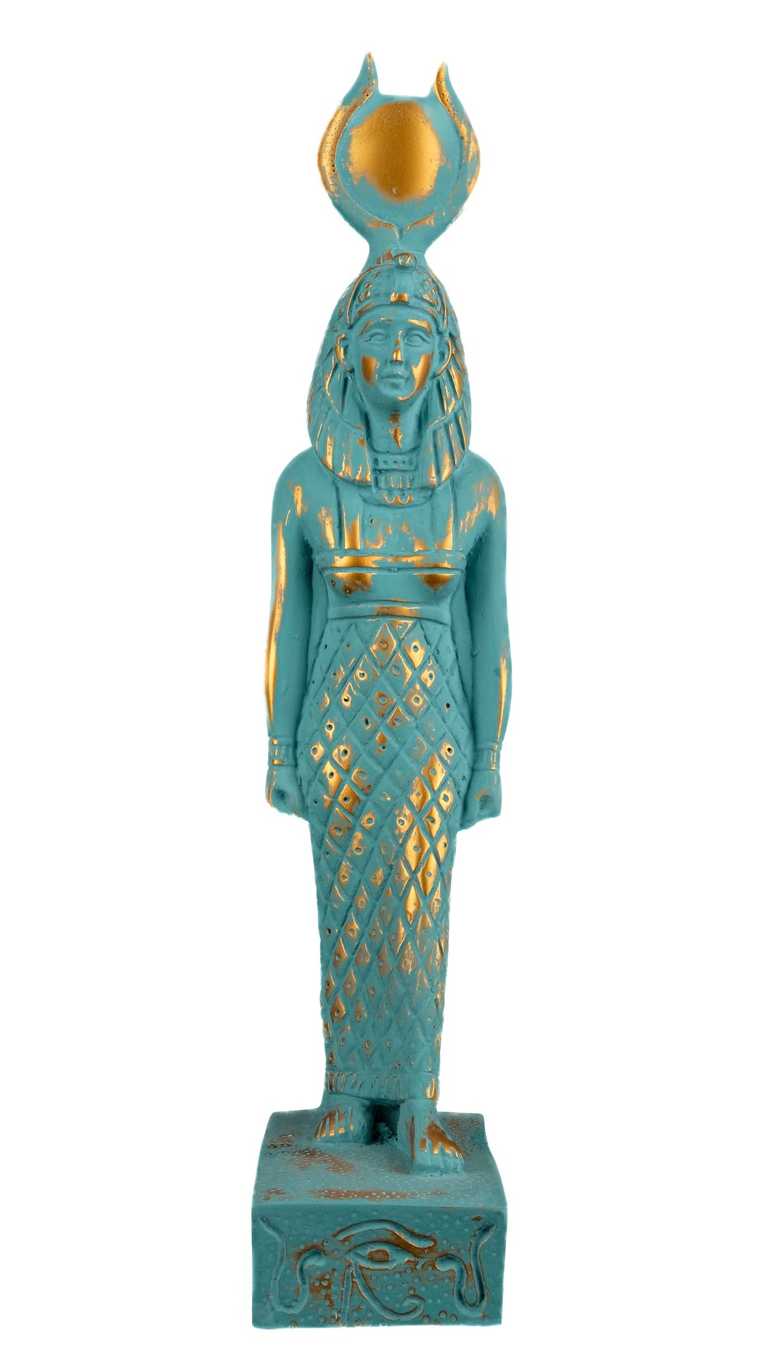 Ancient Egyptian statue of Isis green statue with gold antique color solid stone made in Egypt.