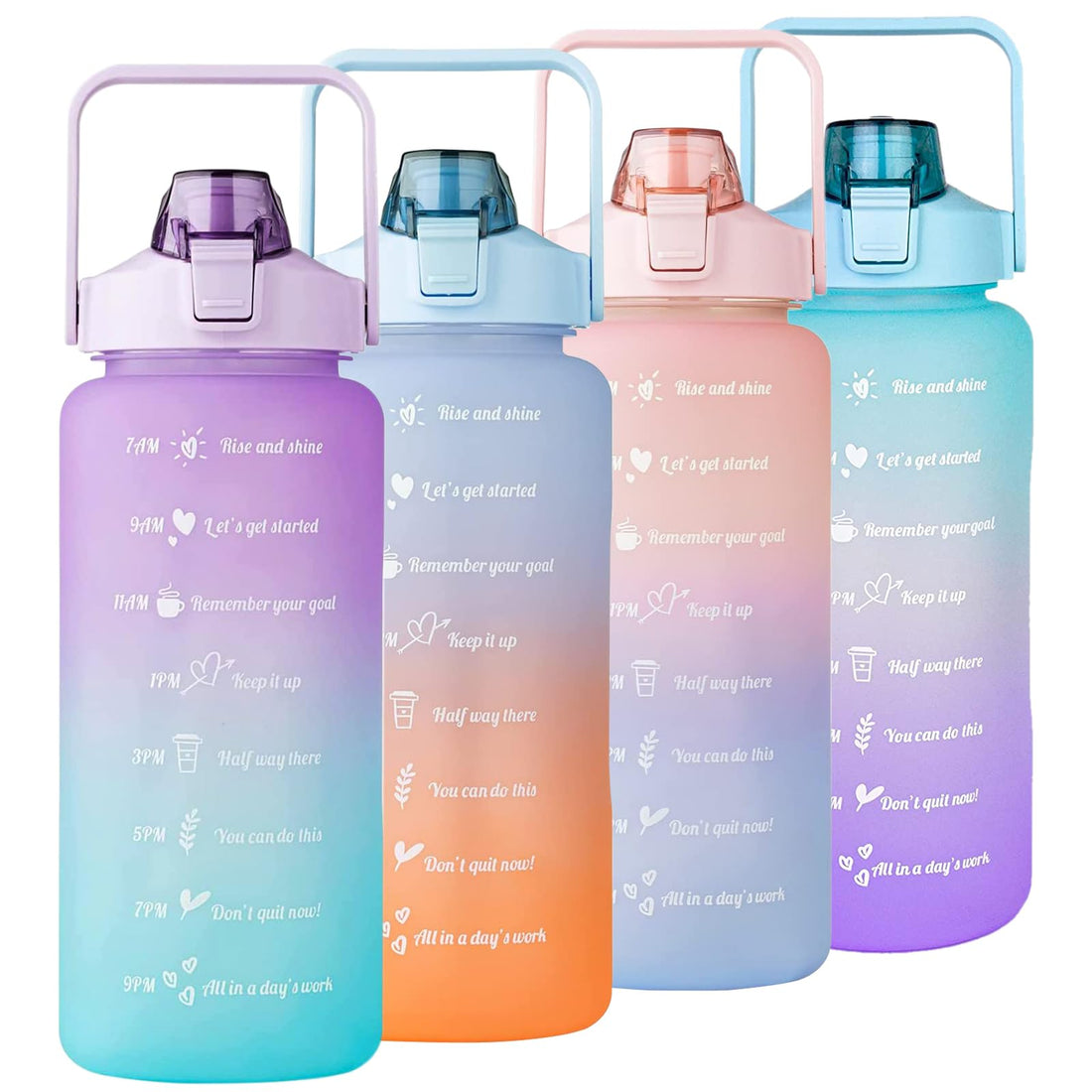 Motivational 2L Water Bottles 64oz Half Gallon Water Bottle with Times, Sport Water Jug with Straw and Handle,Leak-Proof Summer Water Bottle for Outdoors Gym (Purple-Green)