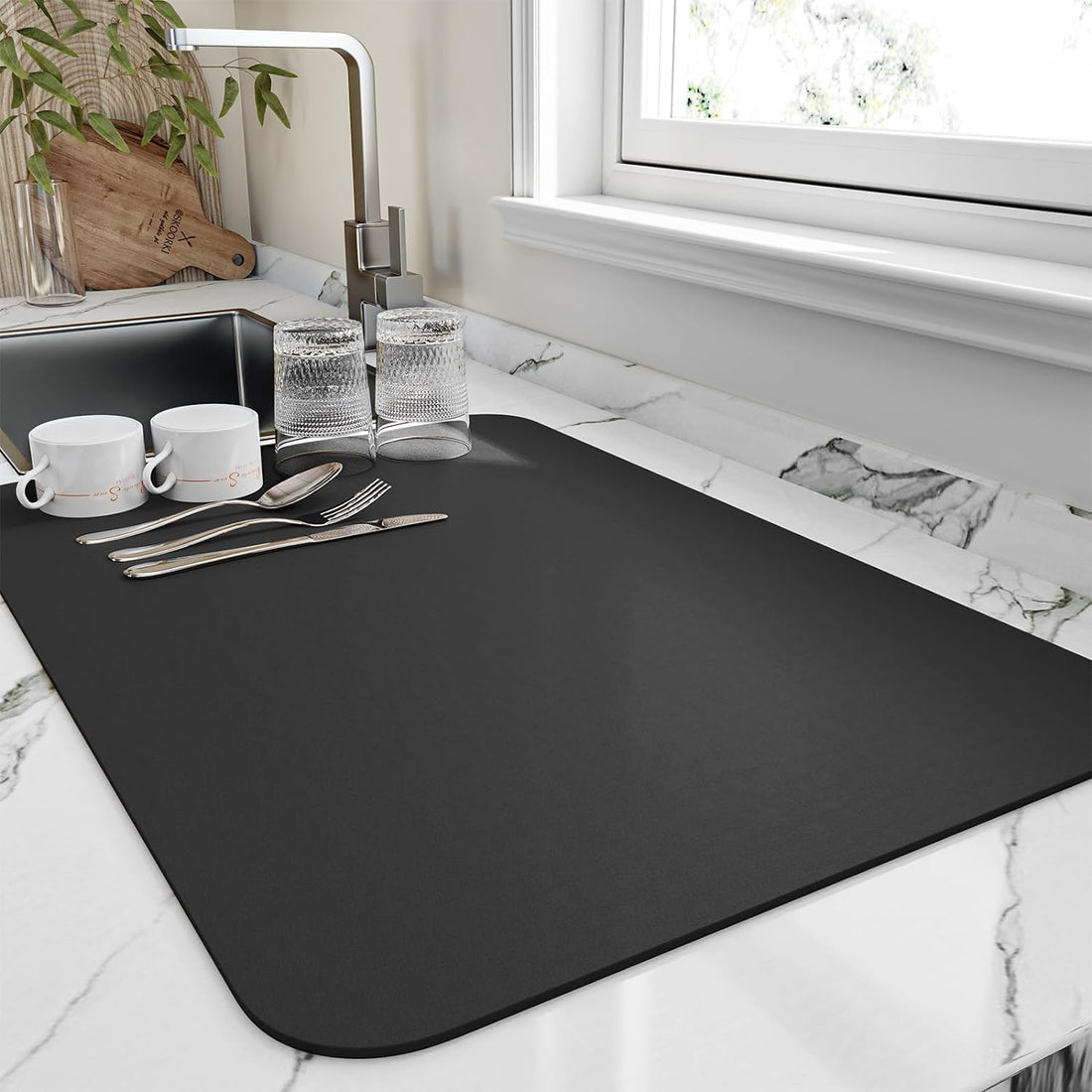S2C Dish Drying Mat, Anti Slip Coffee Mat - Big Size 60L x 40W, 3.5mm Thickness, High Absorbent Mat for Kitchen Counter (60*40 BLACK)