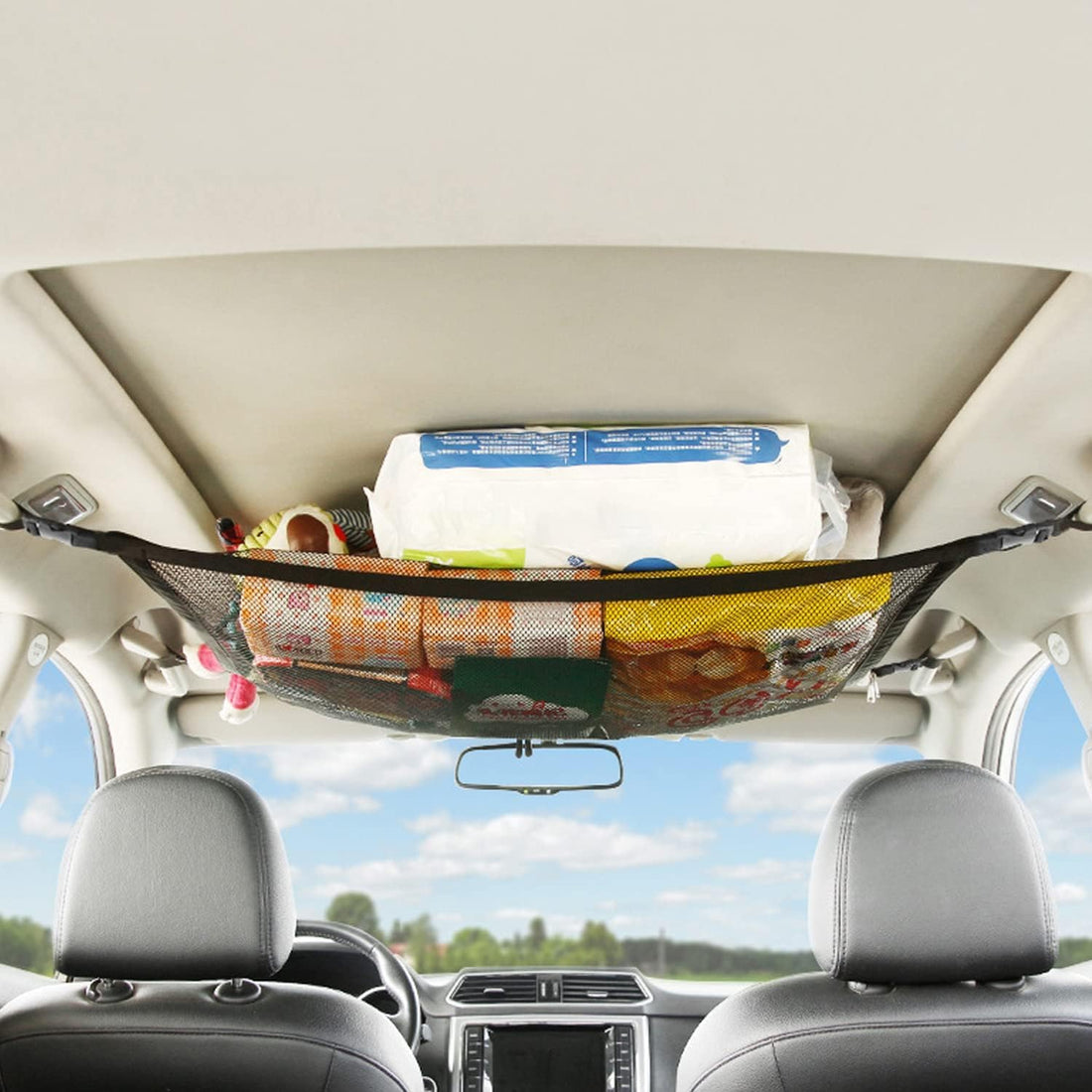 Car Roof Storage Net, Adjustable Car Roof Storage Organizer, Double Layer Mesh with Zipper, Indoor Accessories for Camping and Long Road Trip for All Kinds of Vehicles (1)