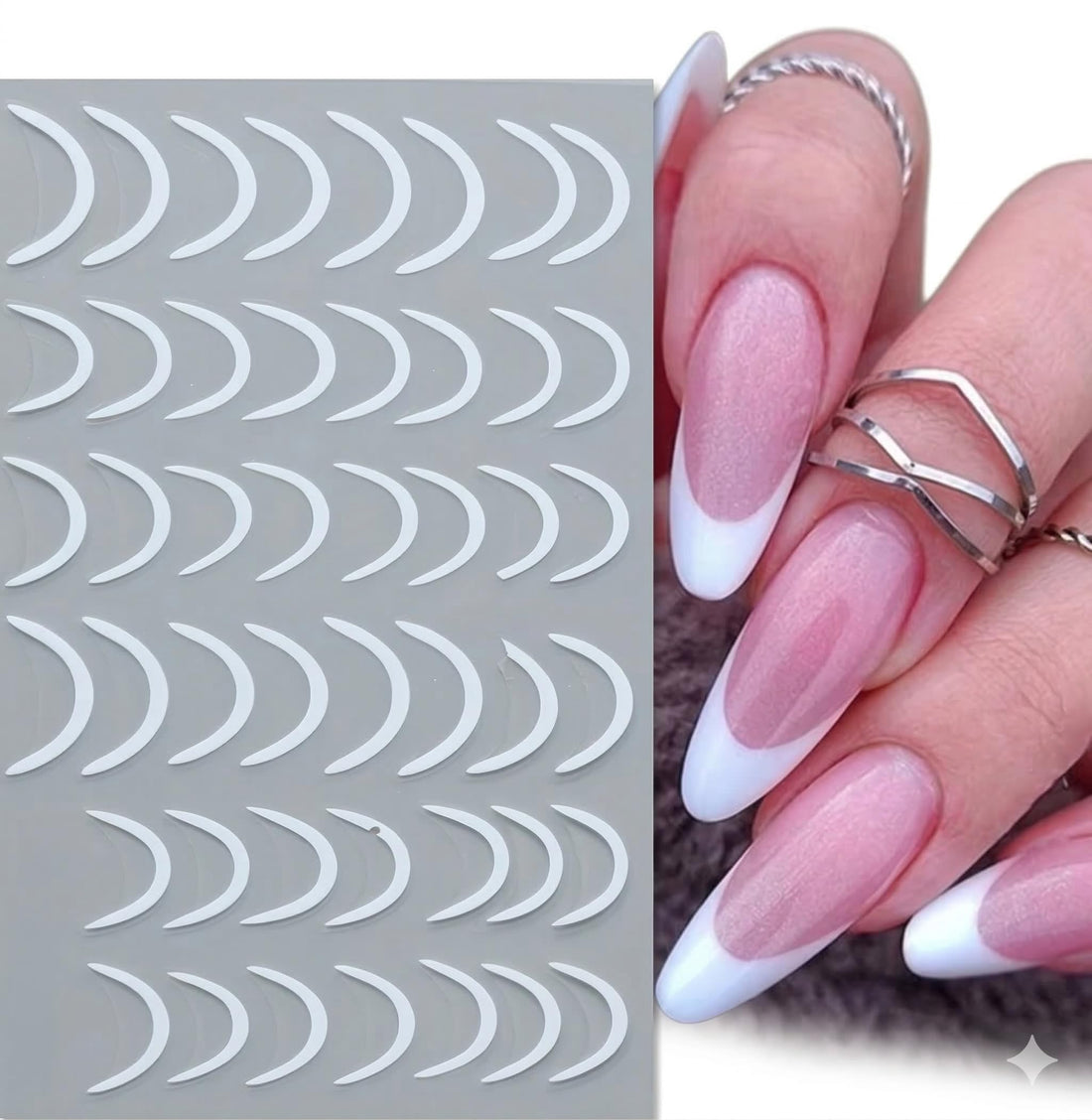 42pcs French Manicure Tip Guide Stickers & 3D Gold Nail Art Decals Set - Professional DIY Manicure Stencil Strips for Natural & Acrylic Nails - Self-Adhesive Salon Quality Nail Decoration Kit (silver)