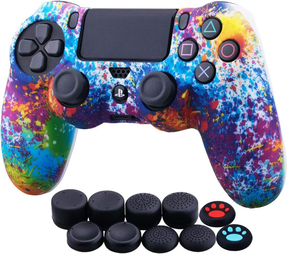 DELFINO Skins Water Transfer Printing Camouflage Silicone Cover Skin Case for Sony PS4/slim/Pro Dualshock 4 Controller x 1(Spashing Paint) with Thumb Grips x 10 Best Gift For Him in Xmas