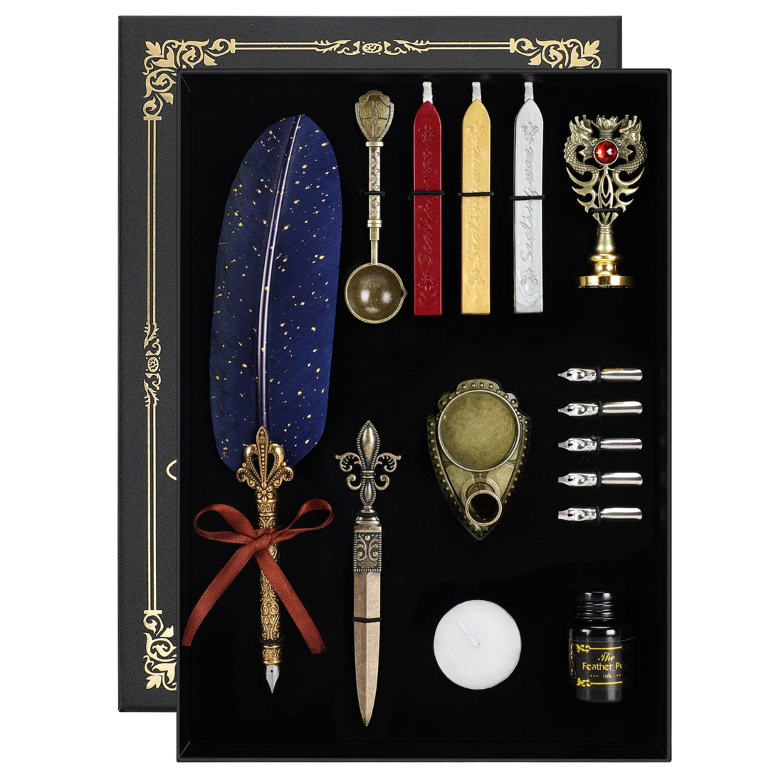Karhood Quill Feather Pen and Ink Set - Calligraphy Dip Pen with Wax Seal Stamp Kit and 5 Nibs (Blue)