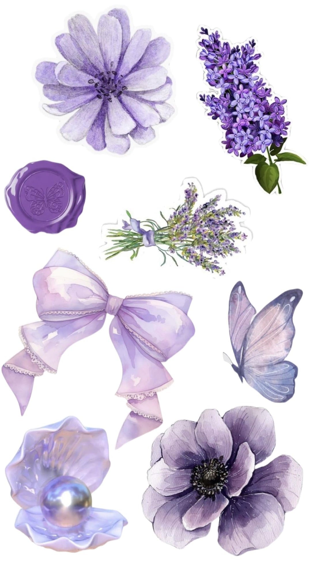 Purple Floral Waterproof Vinyl Sticker Set, Aesthetic Decals with Lavender, Butterfly, Bow Design for Laptops, Water Bottles, Notebooks