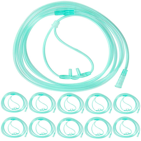 Adult Standard Nasal Oxygen Cannula, Standard Connector 6.6 Ft, Green Tubing, Highly Visible (6.6 Ft (Pack of 10))