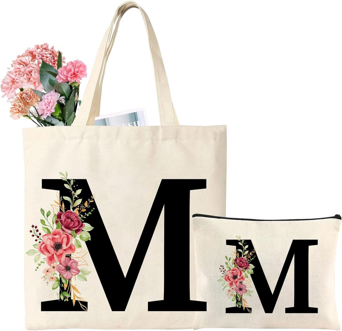 Personalised Gift with Letters Cotton Bag with Bag Initials Flower Tote Bag Cosmetic Bag Shopping Bag for Women Girlfriend Bridesmaid Gift for Birthdays, Christmas