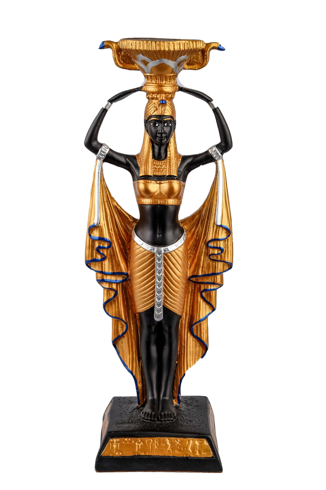 Statue of Egyptian Queen Cleopatra's Egyptian Nubian Maiden Servants with Chalice large painted black gold made in Egypt.