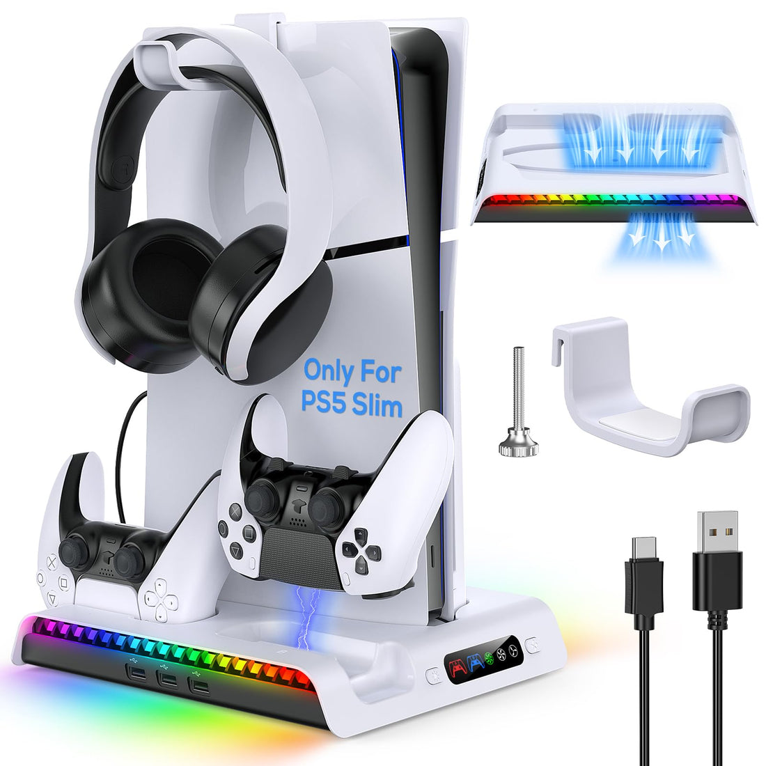 MENEEA Charging Stand for PS5 Slim with Fan, Station for DualSense/Edge Controller with RGB Light, Headset Hook.3 USB Hubs, Cooler for Playstation 5 Slim Disc & Digital Edition Console 2023