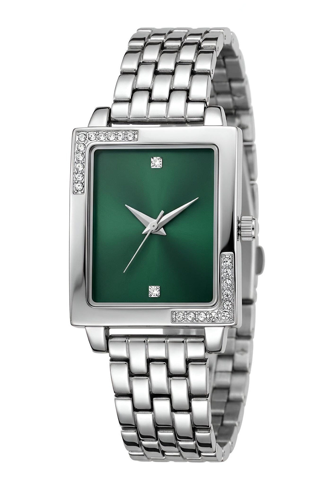 Classic Women's Watch - Timeless square face with sparkling crystal embellishments, smooth metal bracelet, quartz precision, perfect for everyday elegance.