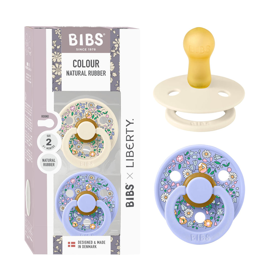 BIBS Colour Liberty Soother 2-Pack, BPA Free Dummy Pacifier, Round Nipple. Natural Rubber Latex, Made in Denmark, Size 2 (6-18 Months), Ivory/Hush