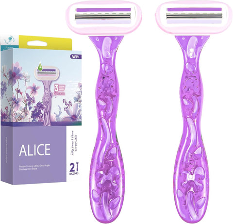 Alice Razor for Women – Set of 2 Body Shavers – Triple Stainless Blades, Flexible Head – Purple – For Dry Skin