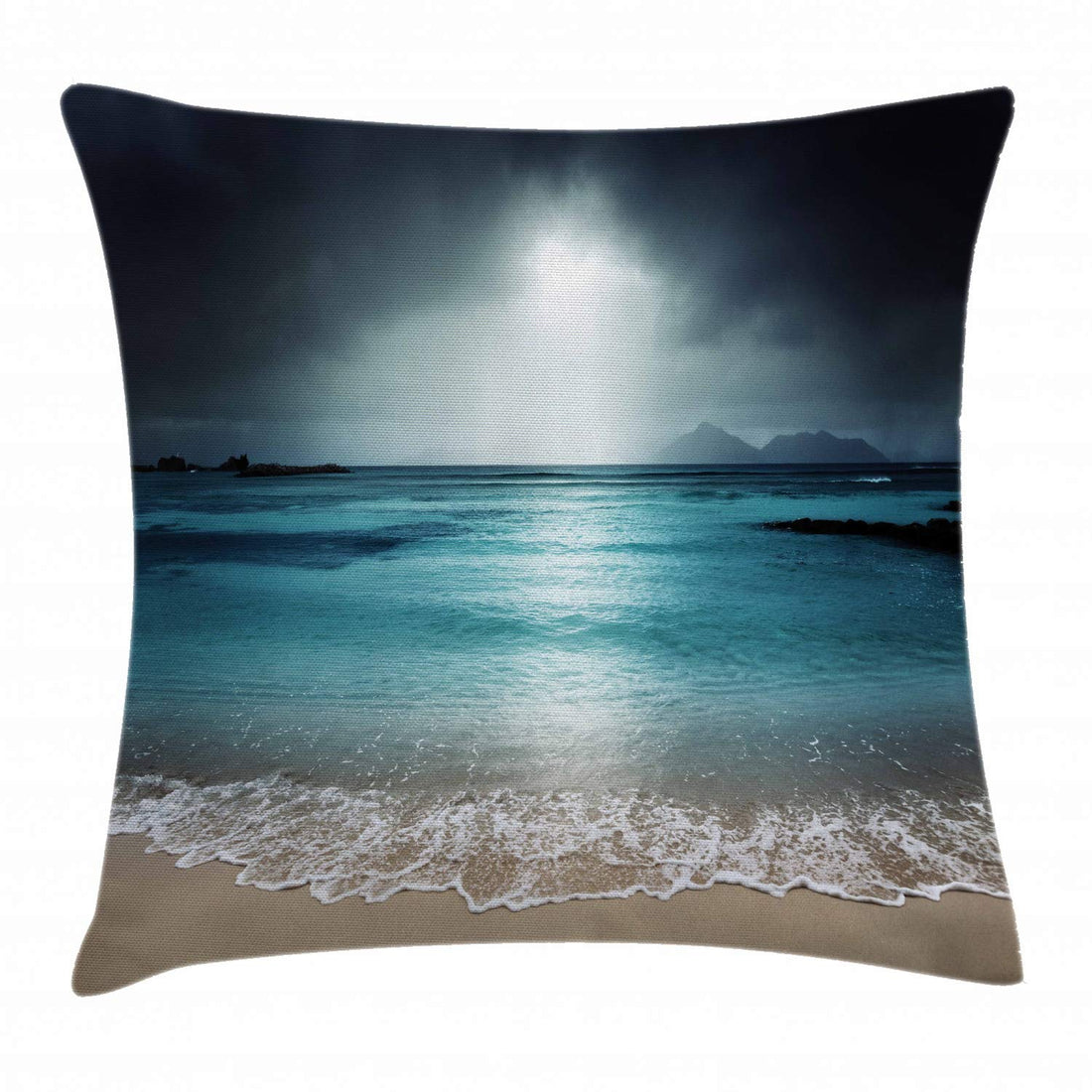 Ambesonne Tropical Throw Pillow Cushion Cover, Storm Sky on The Beach of La Dugue Island Seychelles Dramatic Scene, Decorative Square Accent Pillow Case, 16" X 16", Petrol Blue