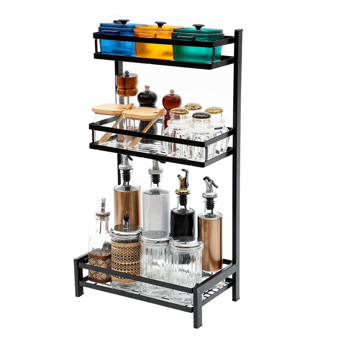 Kitchen Countertop Organiser 3-Level Kitchen Rack, Metal Spice Rack Countertop, Kitchen Shelf Under Sink Organiser, Kitchen Bench Top Organiser Kitchen Top Organizer Shelves - Spice Jars Bottle-Black