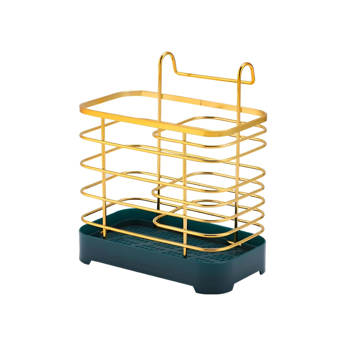 Gold Utensil Organizer - Modern-style chopstick and spoon holder with built-in water strainer and durable plastic base, perfect for hygienic and stylish kitchen countertop storage