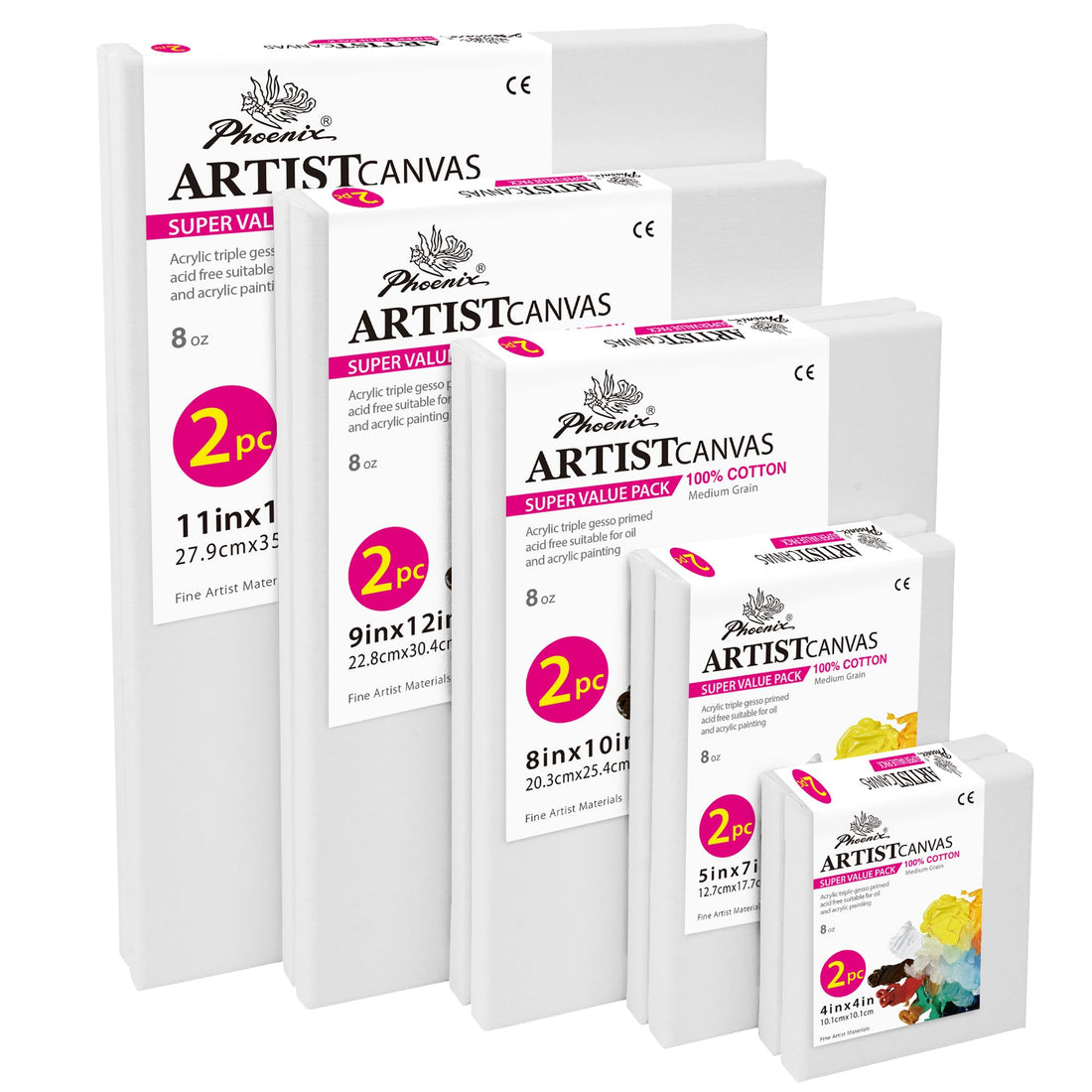 PHOENIX 10 Pack Stretched Canvases Multi Pack - 4x4, 5x7, 8x10, 9x12, 11x14 Inch (2 of Each) - 5/8 Inch Profile - 100% Cotton Triple Primed White Blank Canvases for Oil, Acrylic, Pouring Art & Crafts