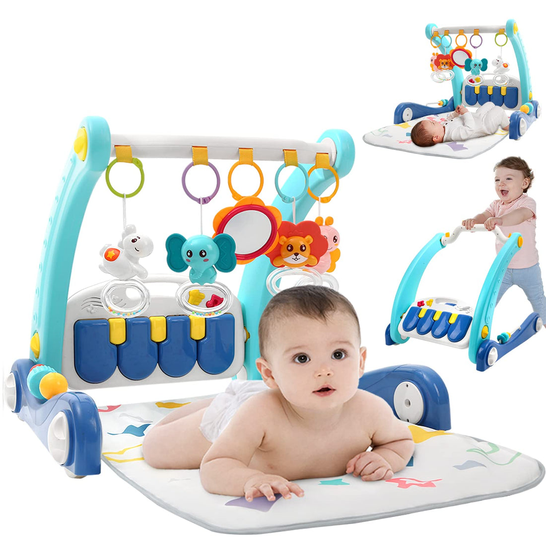 2 in 1 Baby Gym Play Mat & Sit-to-Stand Learning Walker,Kick &Play Piano Tummy Time Mat Toys with Mirror for Newborn Babies Toddlers Infants,Gift for 0-12 Month Baby Girls Boys Must Haves,Blue