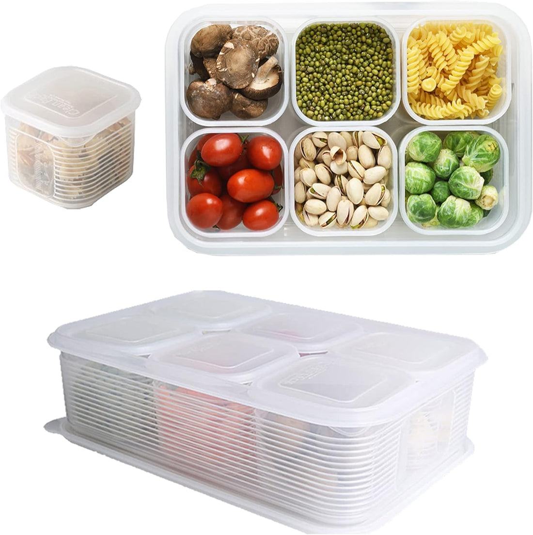 Reusable Plastic Food Storage Containers for Fridge, Large Food Storage Container with 6 Detachable Small Bins for Organizing and Storing Vegetables, Fruits, Meat, Fish, Fresh Keeping