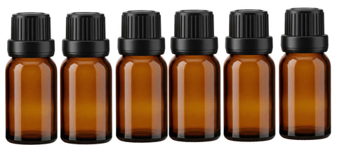 6Pcs Refillable Empty Amber Glass Essential Oil Bottle Vials Attar Jars Bottles with Orifice Reducer and Black Screw Cap DIY Makeup Supplies Tool Accessories Perfume Aromatherapy size 15ml/0.5oz