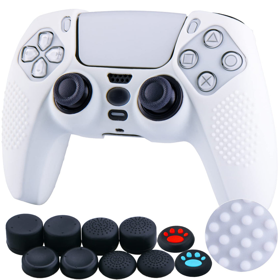 YoRHa Studded Silicone Rubber Gel Customizing Skin Cover for Sony PS5 Dualsense Controller x 1(White) With Pro thumb grips x 10
