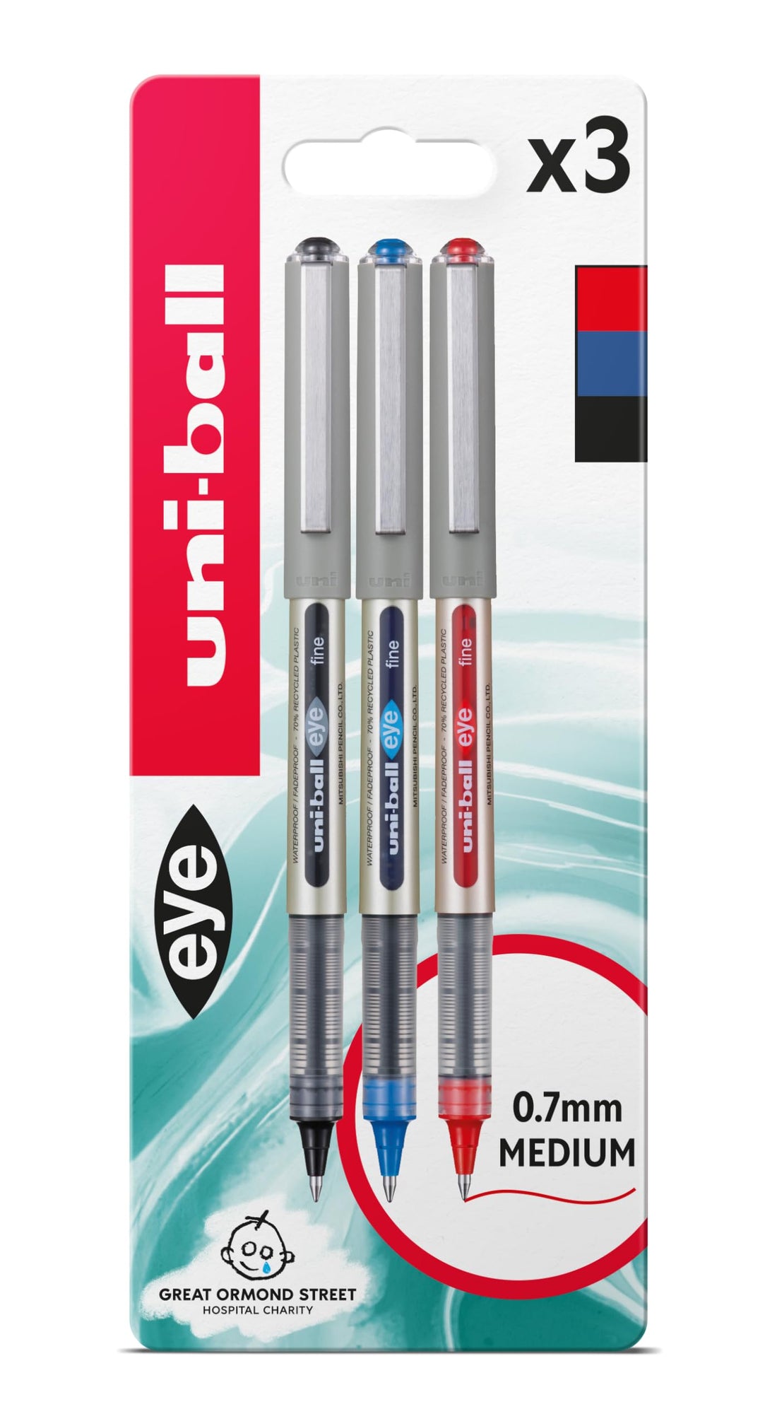 uni-ball UB-157 Eye Rollerball Pens. Premium Fine 0.7mm Ballpoint Tip for Super Smooth Handwriting, Drawing, Art, Crafts and Colouring. Fade and Water Resistant Liquid Uni Super Ink. Pack of 3 Black