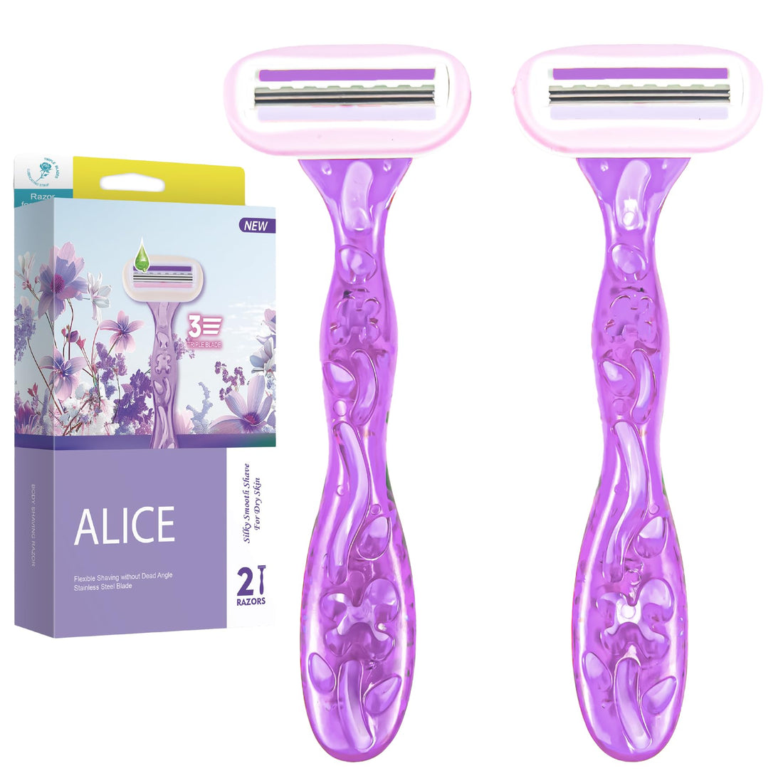 Alice Razor for Women – Set of 2 Body Shavers – Triple Stainless Blades, Flexible Head – Purple – For Dry Skin