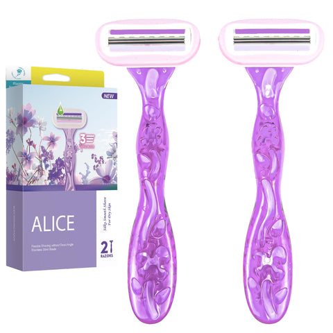 Alice Razor for Women – Set of 2 Body Shavers – Triple Stainless Blades, Flexible Head – Purple – For Dry Skin