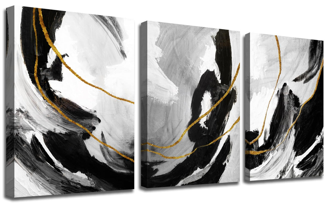 Black and White Abstract Canvas Wall Art Decor Black & White Gold Lines Modern Artwork Paintings Pictures for Bedroom Home Office Wall Decoration 12"x16"x3 Panels