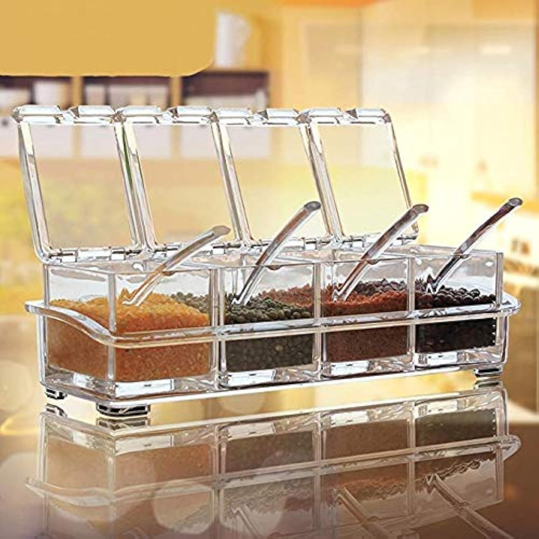 PAYTON Acrylic Clear Spice Rack 4 Pieces Crystal Seasoning Box Set Kitchen Storage Jar Container with 4 Spoon - Pack of 1