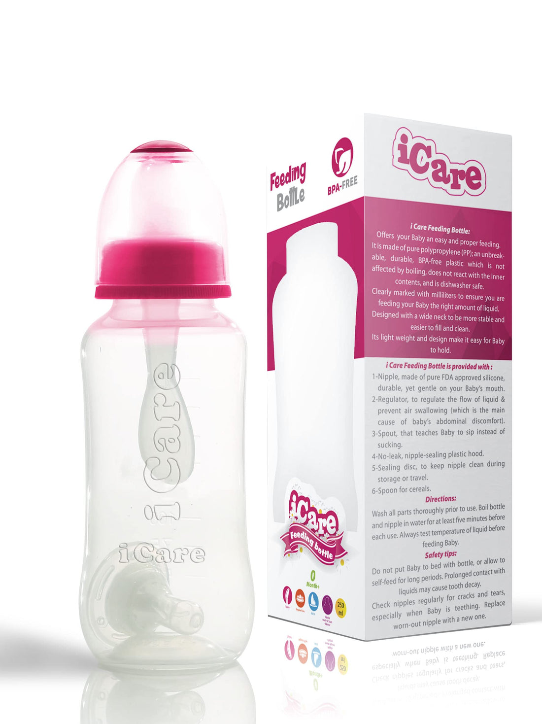 Icare feeding bottle bpa- free with spoon - 250 ml - pink