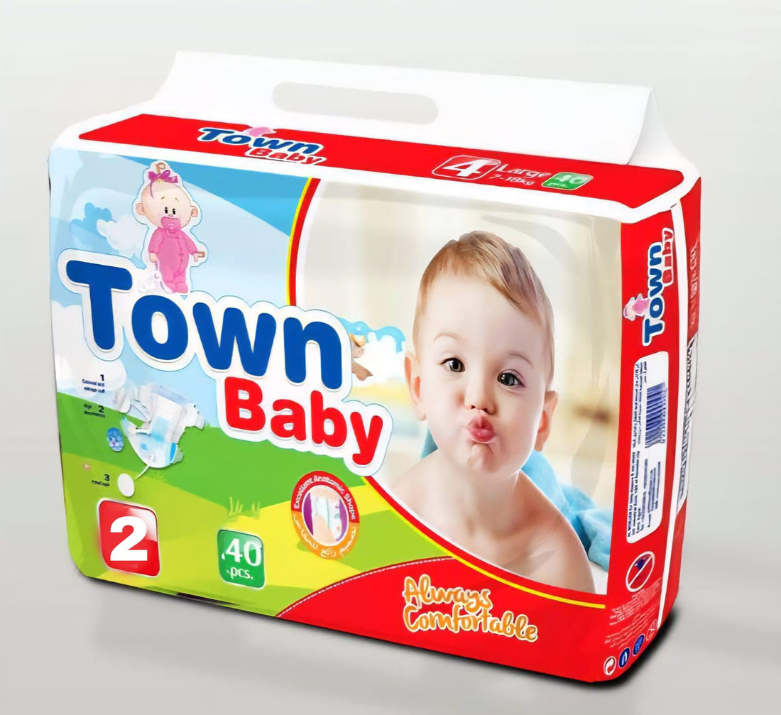 Town Baby Diapers - 40 Pieces (Size 2) - حفاضات مقاس 2 للبشرة الحساسة – حفاضات أطفال تاون بيبي لا تسبب التهابات ولا حساسية – حفاضات مانعة للتسرب وناعمة – أفضل حفاضة اقتصادية بديل بامبرز حديثي الولادة