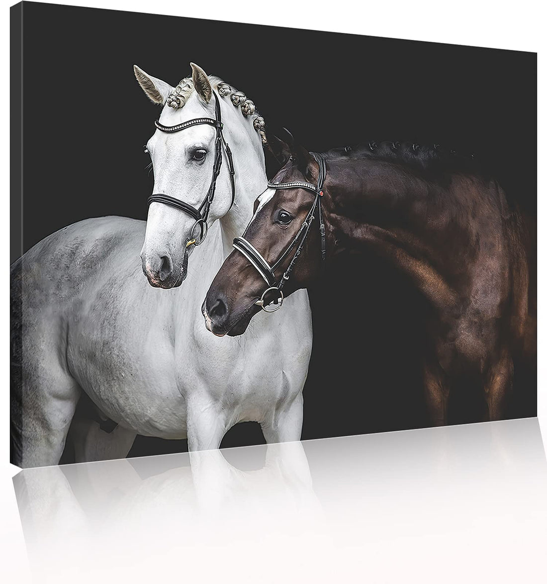 Donahue Art White Black Horses Wall Framed Canvas Prints Living Room Office Farm Equestrian Decor Animal Couple Poster Painting Picture Ready to Hang Gift