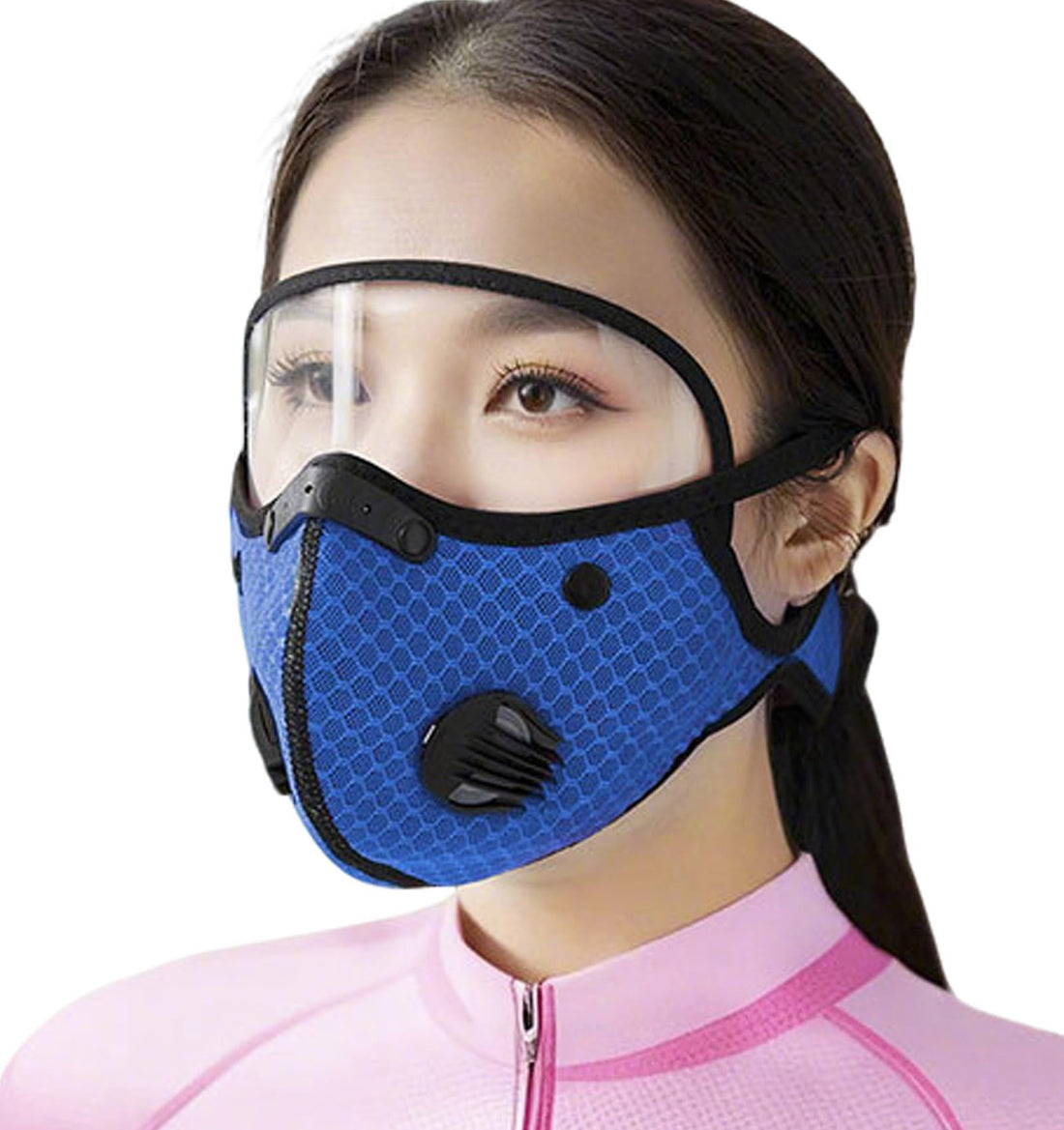 Geeda Reusable Cycling Face Mask with Eye Shield Breathing Valve Washable Mesh Cover with Replaceable Filters for Biking Hiking Blue
