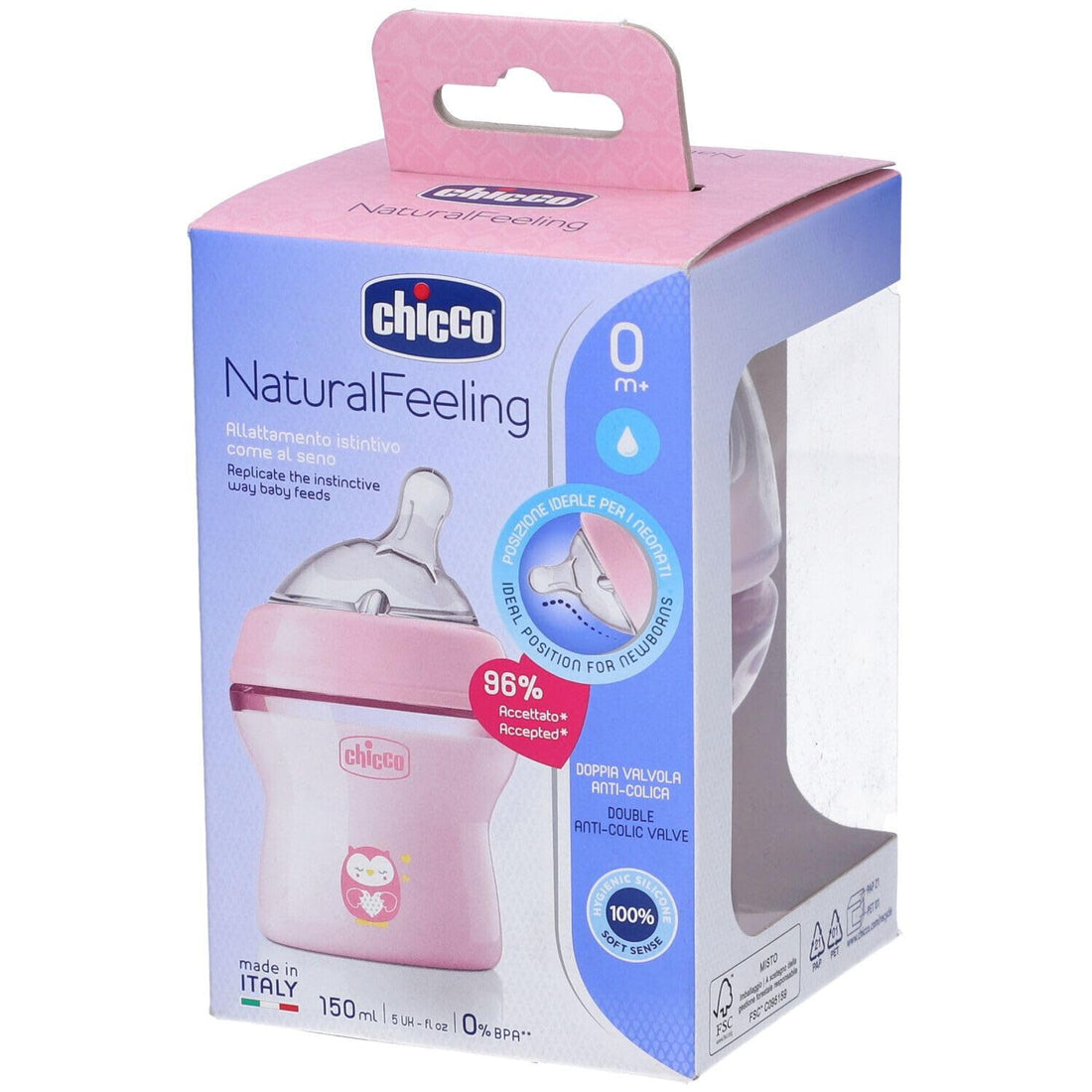 Chicco natural feeling anti-colic baby bottle for 0+ months, 150 ml, with soft silicone teat and double valve, natural and instinctive feel when vacuuming, plastic bottle