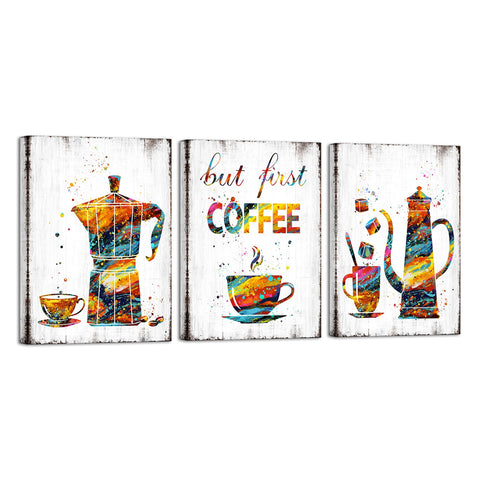 iHAPPYWALL 3 Pieces Kitchen Coffee Bar Wall Decor Abstract Colorful But First Coffee Sign Picture Artwork for Dining Room Home Decoration Stretched and Framed Ready to Hang 12x16inchx3pcs
