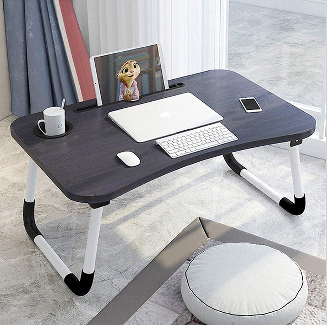 Beauenty Folding Bed Table Laptop Tray with iPad and Cup Holder Adjustable Lap Tray Notebook Stand Foldable Portable Standing Desk for Indoor Outdoor Camping Study Reading Eating (Black)
