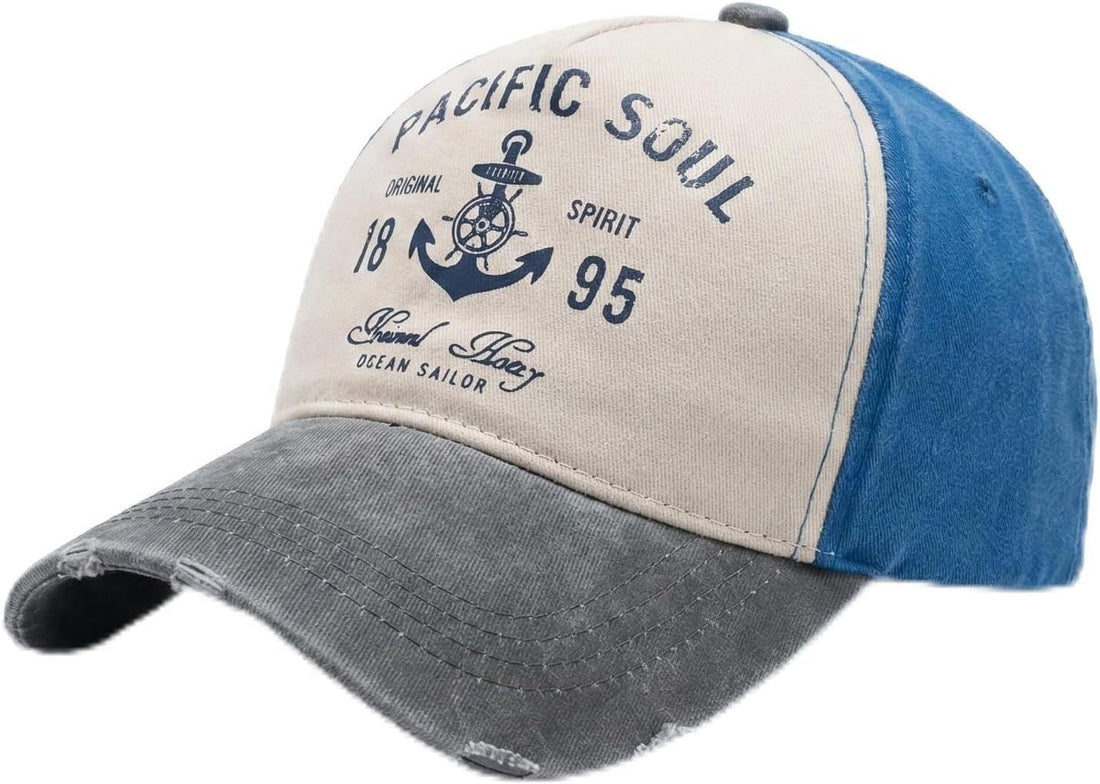 Be.Uniqee Vintage Soul Baseball Cap, Distressed Denim Tri-Colour Design, Nautical Anchor Print